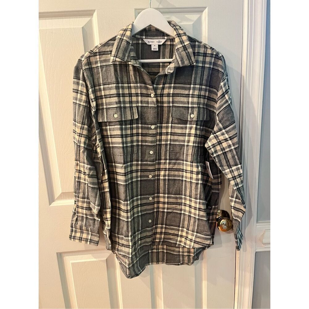 Old Navy Gray & Black Plaid The Boyfriend Flannel Shirt Sz M NWT